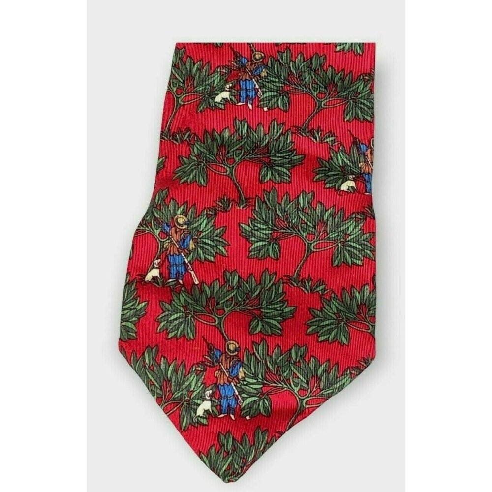 Salvatore Ferragamo Silk Neck Tie Red Green Hunter Made in Italy Tree Animal